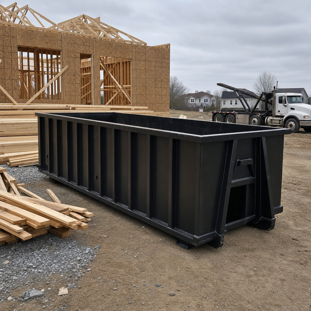 Matte-black 40-yard roll-off dumpster staged on a framed-out residential construction site in Chanhassen, framing lumber stacked nearby, hooklift delivery truck visible in the background under bright Colorado daylight