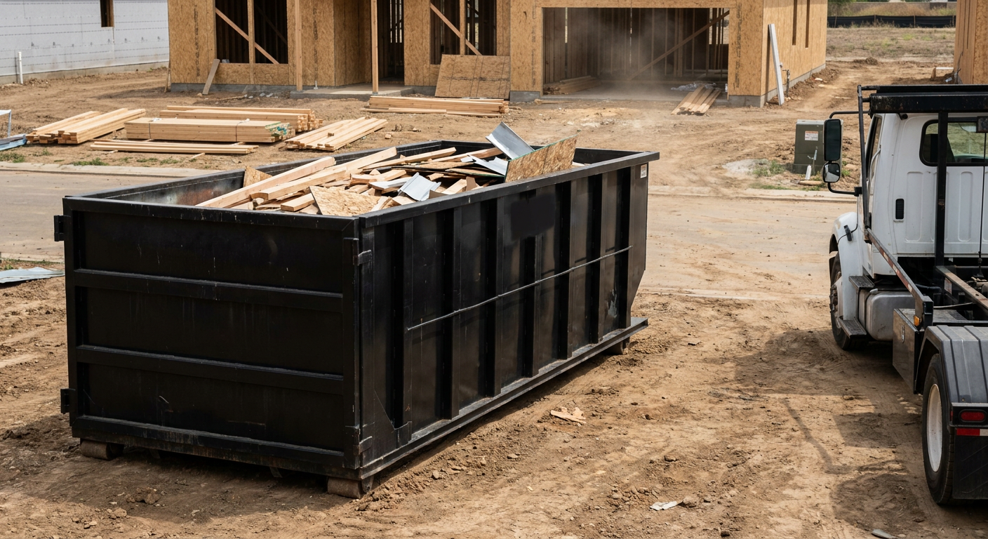 Matte-black 20-yard roll-off construction dumpster with heavy ribbed steel sidewalls and swing rear doors at a working jobsite in Chanhassen, sitting directly on compacted dirt with an unmarked white hauler partially visible at the far edge of the frame.