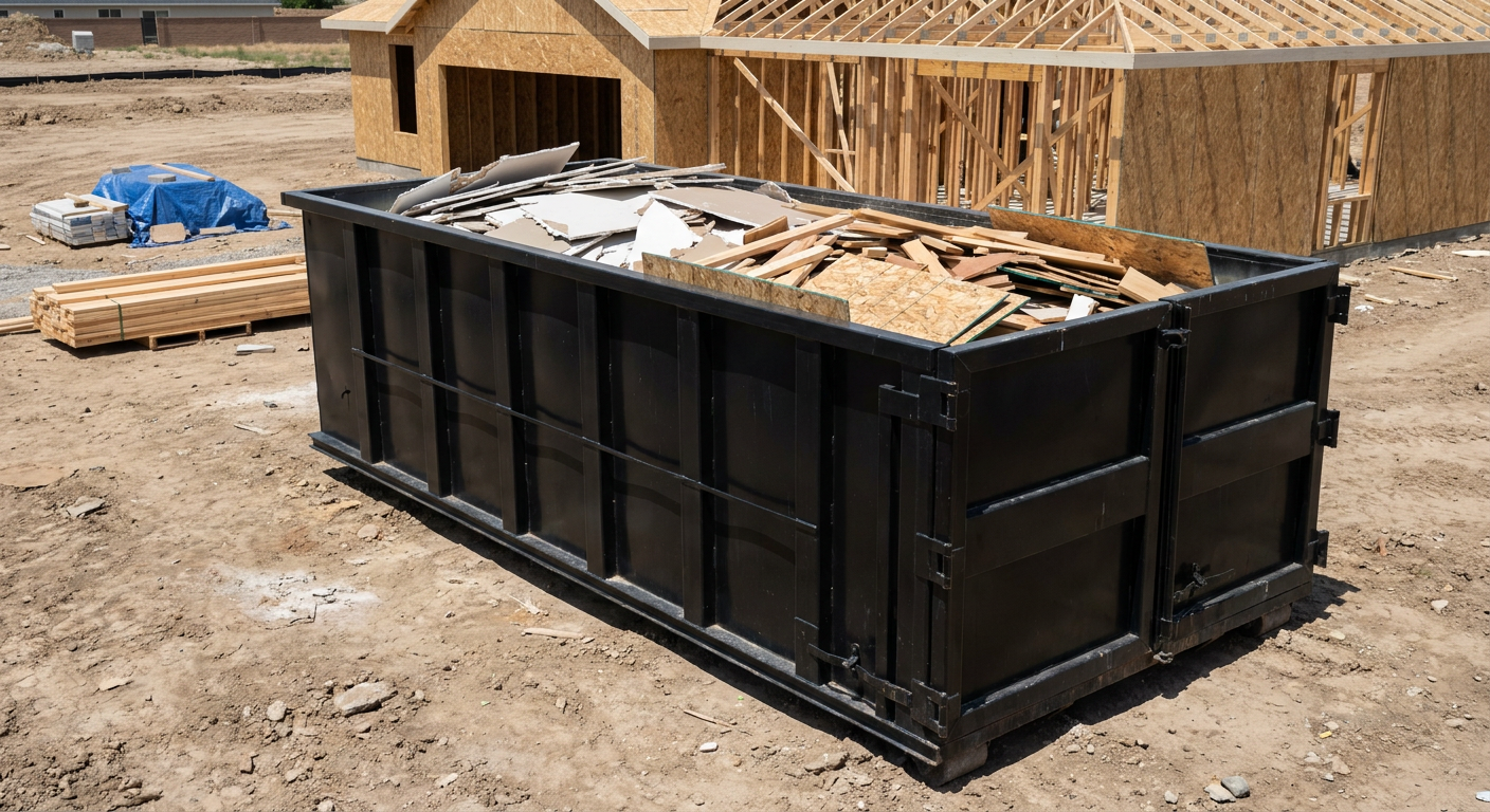 Matte-black 30-yard roll-off construction dumpster sitting directly on the compacted-dirt site of a framed single-family home build in Chanhassen, drywall and lumber scrap loaded inside.