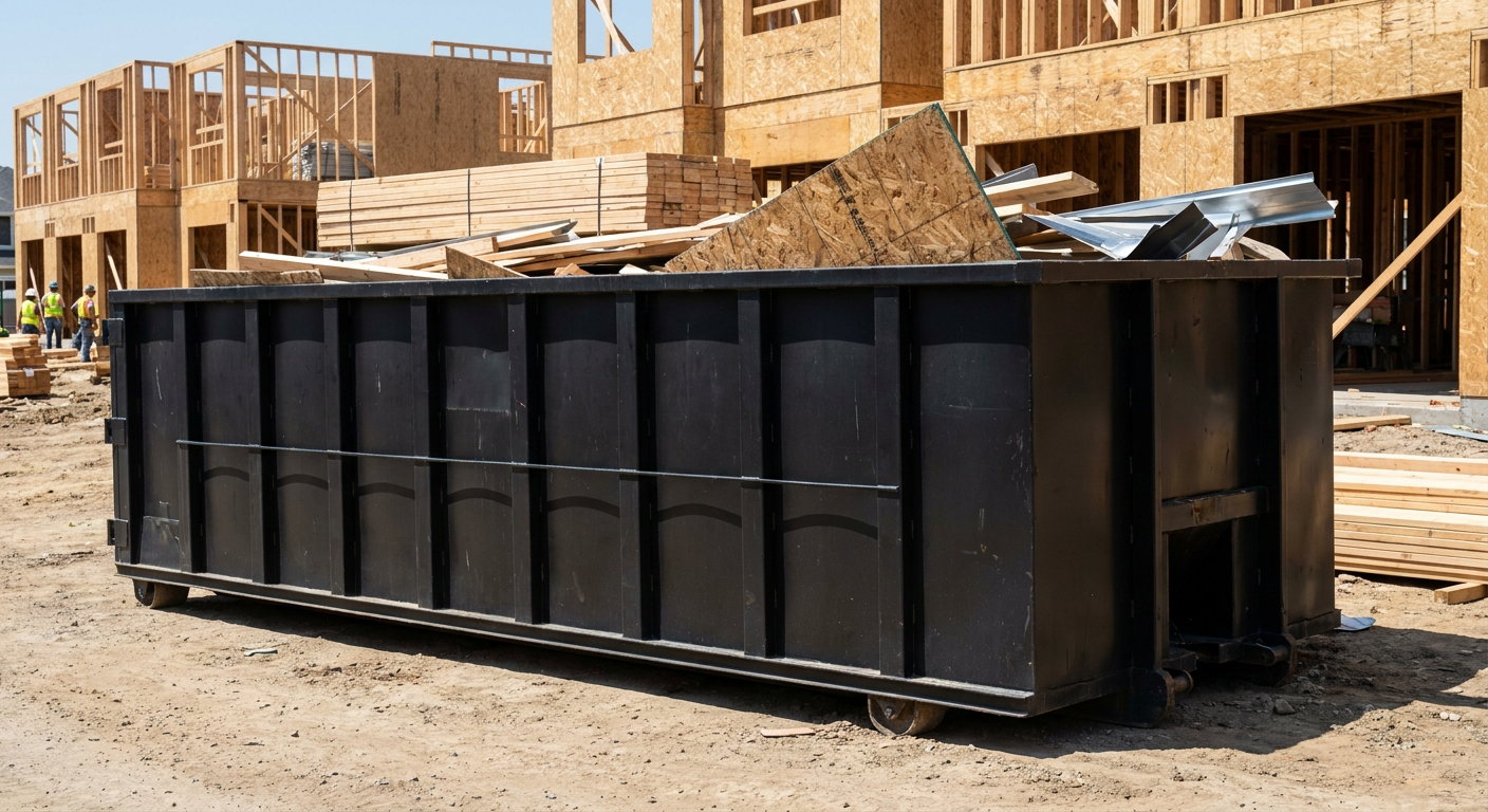 Matte-black 40-yard roll-off construction dumpster being lowered from a white-cab hooklift delivery truck onto the compacted-dirt jobsite at a commercial build site in Chanhassen
