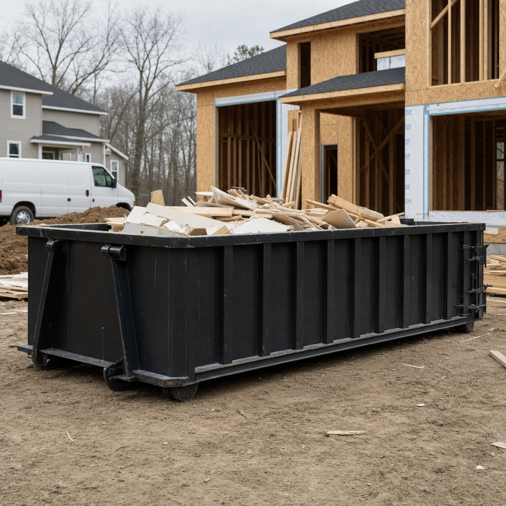 Worker in a yellow high-visibility vest tossing framing lumber and broken drywall into a matte-black 30-yard construction roll-off dumpster on an active build site in Chanhassen, bright daylight