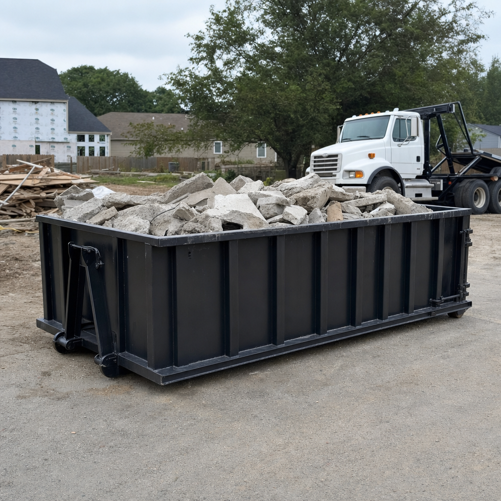 Low-profile matte-black lowboy roll-off dumpster loaded with broken concrete slab and rebar at a foundation tear-out in Chanhassen, skid steer parked beside it, sunny Colorado morning