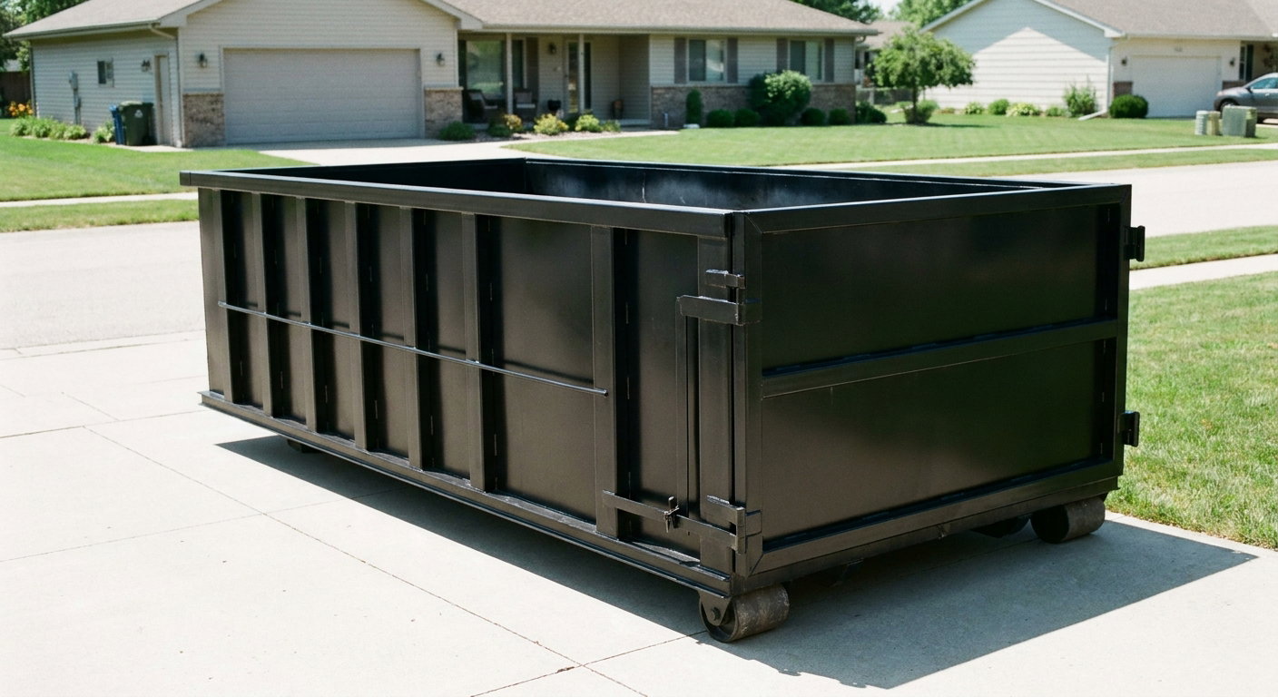 Matte-black 10-yard roll-off dumpster on a residential concrete driveway in Chanhassen, uniformly painted matte black across every panel and rail, ribbed steel sidewalls and rear swing door visible, mid-day daylight.