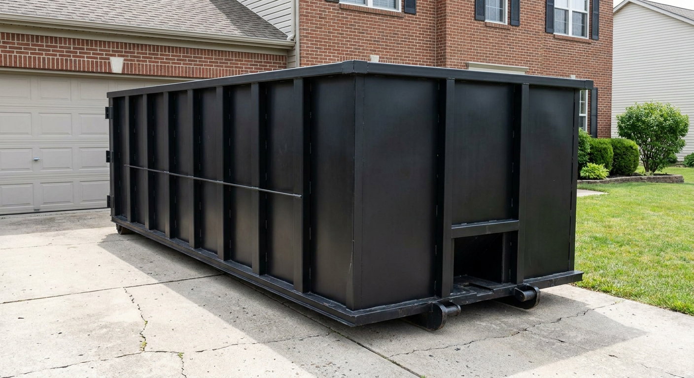 Matte-black 20-yard roll-off container on a Chanhassen residential concrete driveway with reinforced ribbed steel sidewalls and a hinged rear walk-in door, clean bright daylight.
