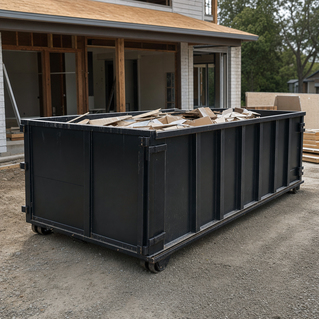 Large matte-black 30-yard construction roll-off dumpster at an active Chanhassen jobsite, steel-gray top rails and bottom rollers visible, loaded with construction debris.