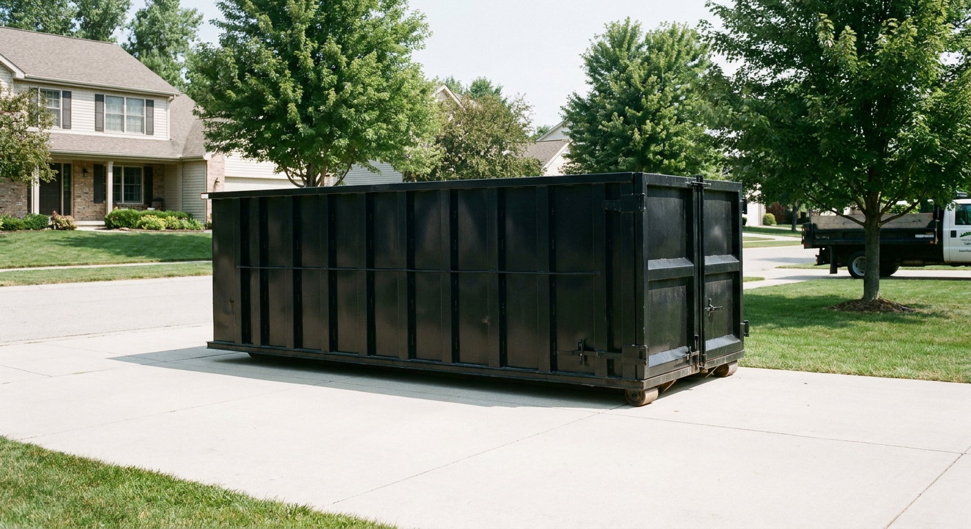 Matte-black 20-yard roll-off dumpster sitting level on a clean Chanhassen residential concrete driveway under bright daylight, demonstrating clean placement directly on the concrete.