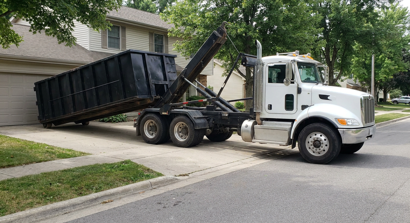 White-cab hooklift roll-off truck actively lowering a matte-black dumpster onto a Chanhassen residential concrete driveway, the dumpster's rear wheels touching the driveway as the hoist arm tilts the bed forward, mid-morning daylight.