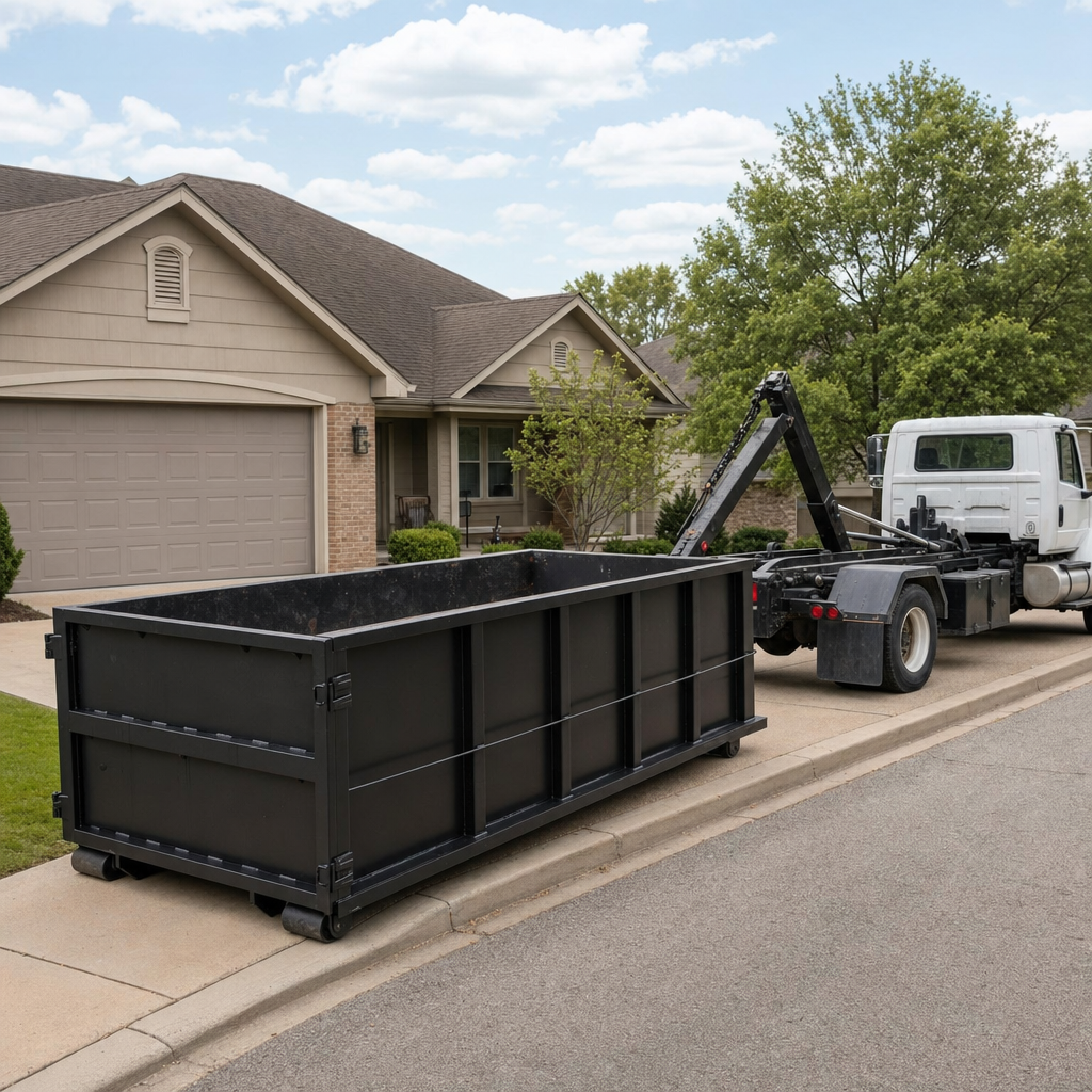 Wide documentary shot of a matte-black roll-off dumpster on a Chanhassen residential driveway in the foreground and a contractor jobsite container in the soft-focus background, bright daylight, calm and orderly composition.