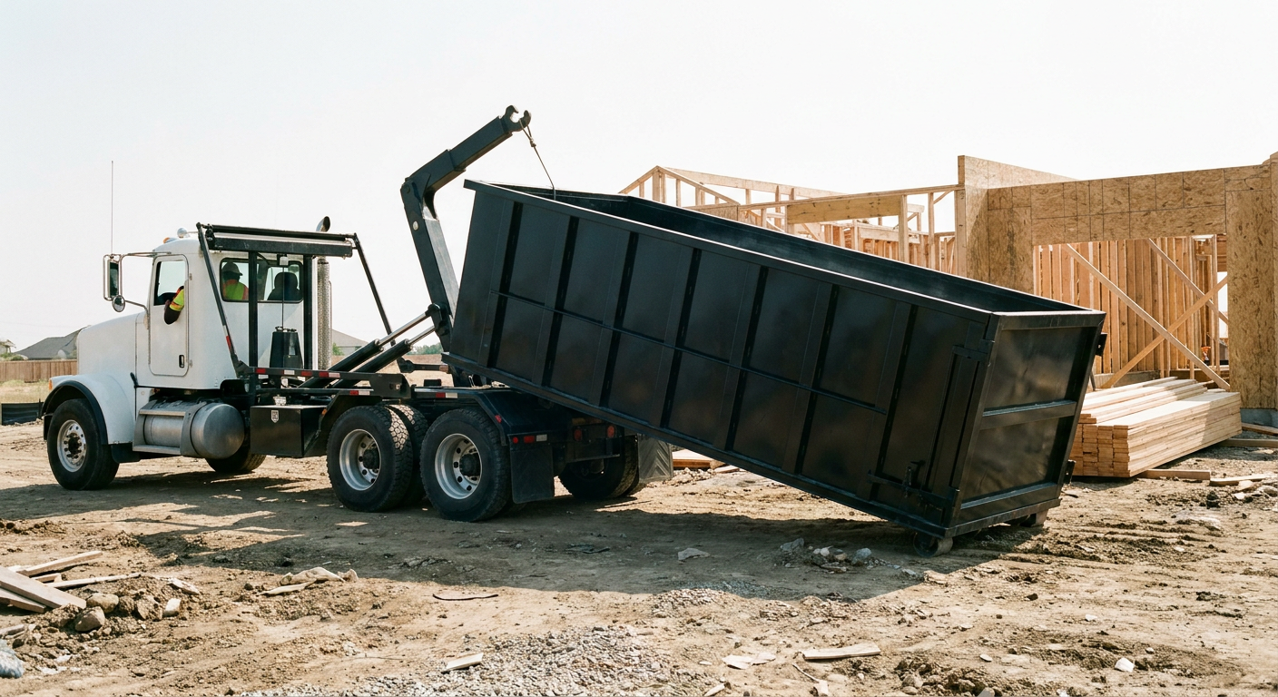 Matte-black roll-off dumpster being delivered onto a clean residential concrete driveway in Chanhassen by an unmarked white hooklift hauler truck, bright morning daylight, documentary 35mm perspective.
