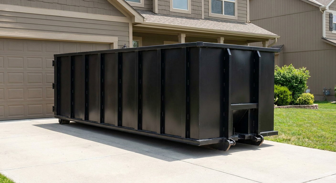 Matte-black residential roll-off dumpster sitting directly on a suburban Chanhassen concrete driveway, garage door closed, single-family home in background, bright morning daylight.