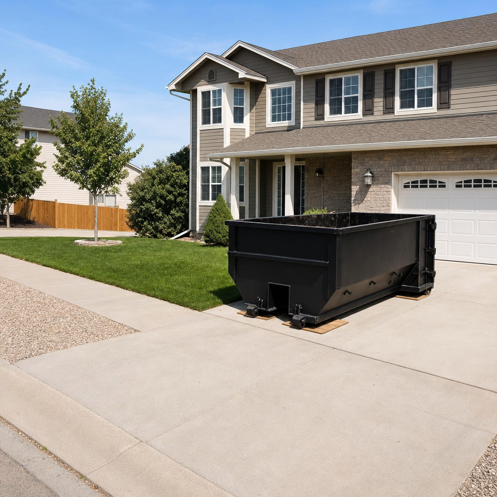 10-yard matte-black residential dumpster placed directly on a narrow Chanhassen concrete driveway, room remains for a parked sedan beside it, mid-morning natural light