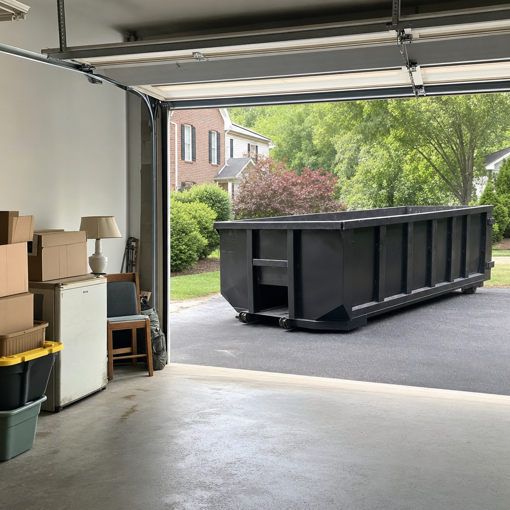 Open garage interior in a Chanhassen home mid-cleanout — boxed items, an old appliance, and stacked yard tools queued near the driveway for a matte-black roll-off dumpster, organized and calm