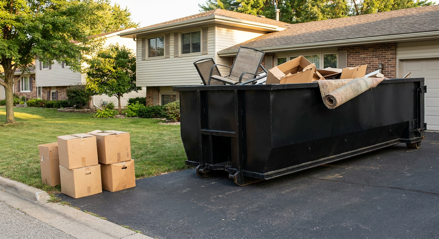 Front-yard view of a Chanhassen split-level home with a 20-yard matte-black roll-off dumpster sitting directly on the asphalt driveway, a few clearly labeled donation boxes staged at the curb, calm sunny afternoon.