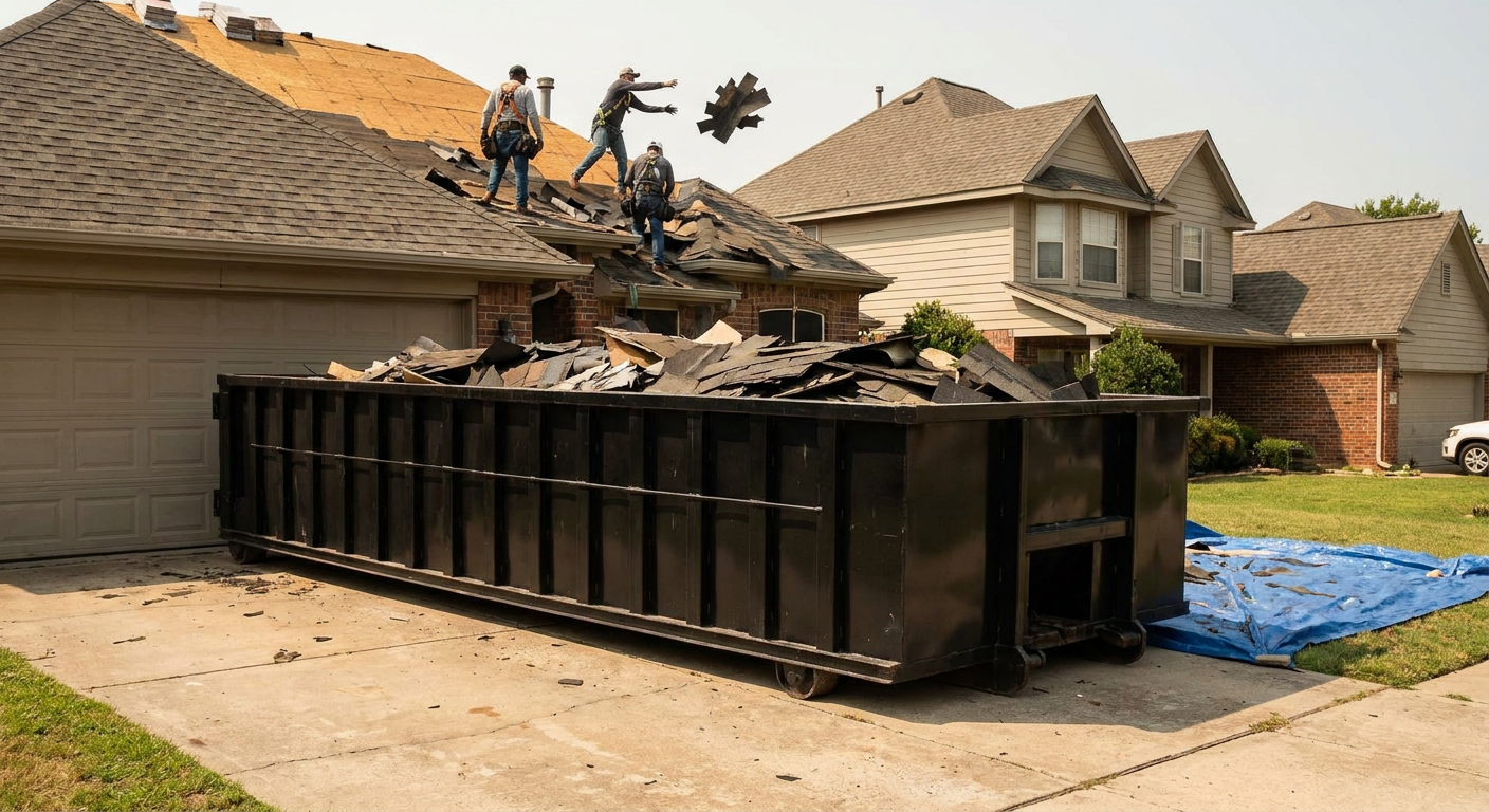 Matte-black roofing roll-off dumpster placed directly on a Chanhassen residential concrete driveway, a tear-off crew on a two-story asphalt-shingle roof tossing shingle bundles into the low-walled container, bright daylight, documentary 35mm perspective.