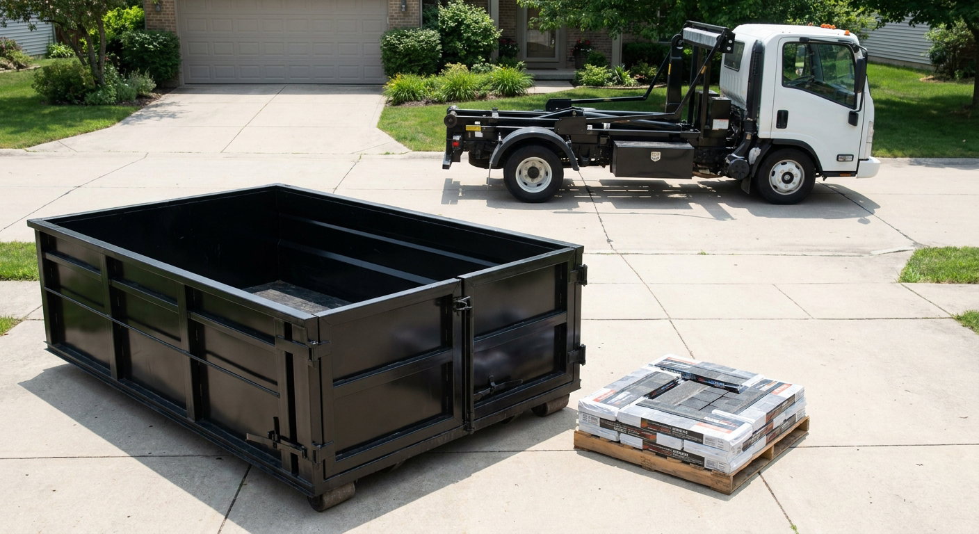 Matte-black 15-yard roofing roll-off dumpster with reinforced low side walls sitting directly on a Chanhassen residential concrete driveway, three-tab asphalt shingle bundles stacked nearby, an unmarked white hauler truck partially visible at the edge of the frame.