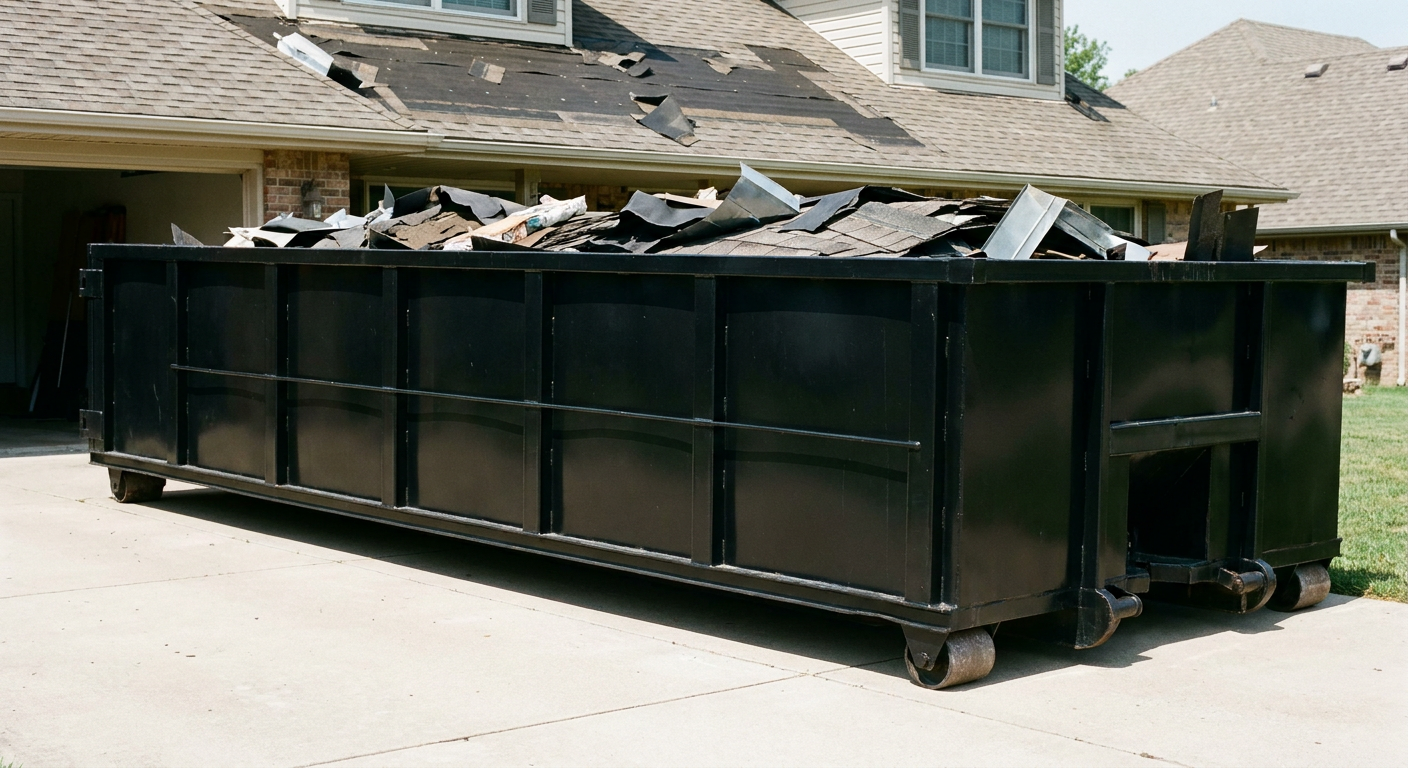 Matte-black 20-yard roofing roll-off dumpster with steel ribbed sides and swinging rear door, sitting directly on the concrete driveway of a two-story Chanhassen home, asphalt shingle debris being loaded over the low wall, clean documentary lighting.