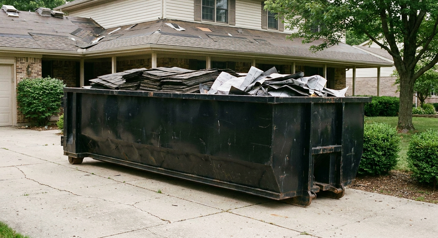 Matte-black 30-yard roofing roll-off dumpster sitting directly on a Chanhassen concrete driveway, taller ribbed steel side panels, mixed tear-off debris of asphalt shingles and underlayment inside, professional documentary daylight.