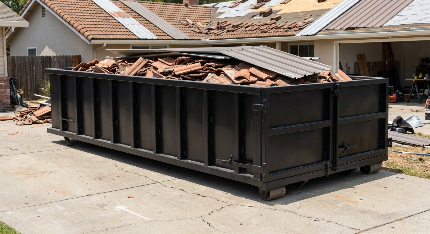 Matte-black low-wall heavy-debris roofing roll-off dumpster sitting directly on a Chanhassen concrete driveway, broken concrete clay roof tiles and metal panel sections loaded inside, reinforced ribbed steel side walls visible, bright outdoor daylight.