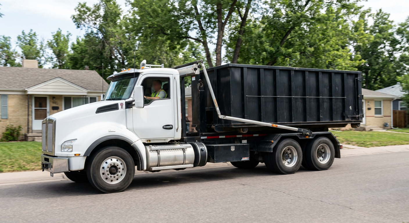 A wide documentary shot of a matte-black roll-off delivery truck pulling onto a quiet Chanhassen residential street at mid-morning, with neighborhood rooftops and tree-lined blocks visible behind, showing the metro coverage footprint.