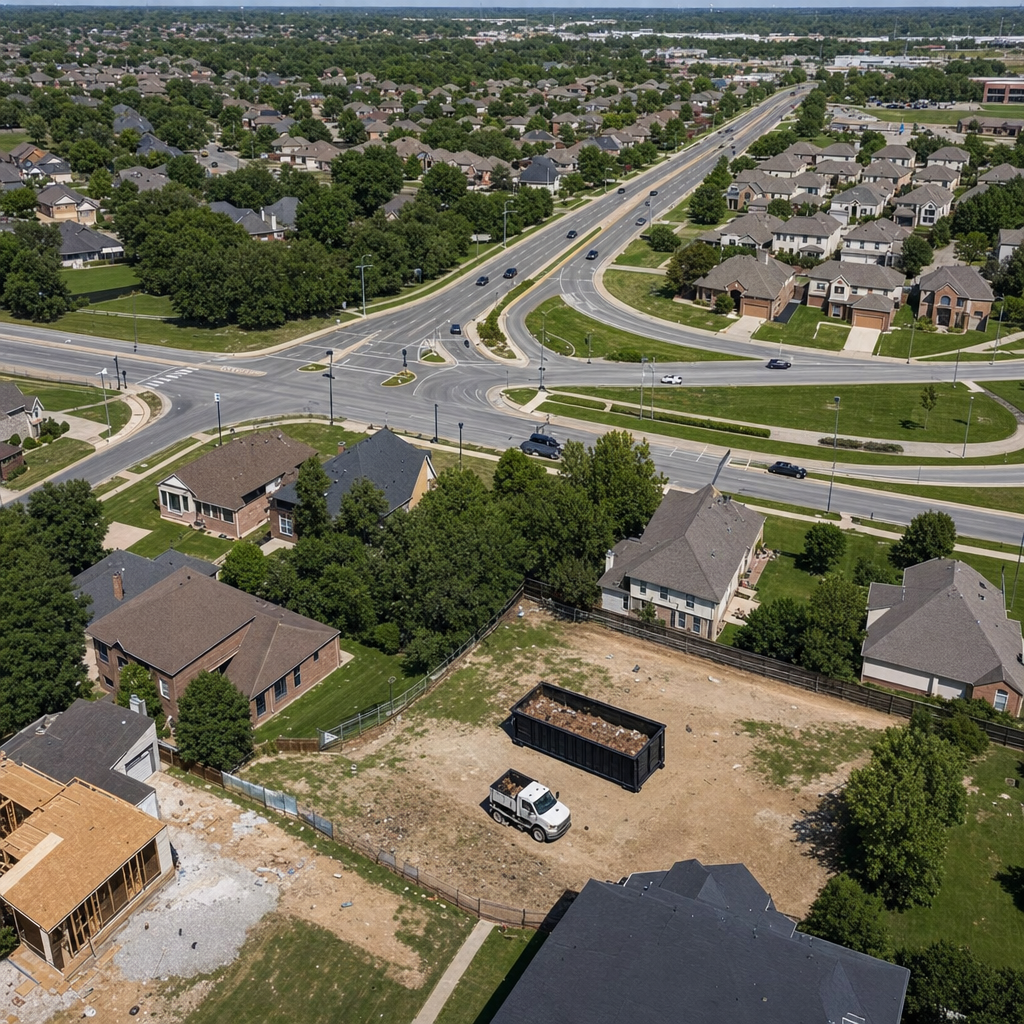 An overhead documentary view of the Chanhassen metro area at midday, showing the spread of neighborhoods, arterial roads, and the dispatch radius from a central yard — clean daylight, organized geographic layout.