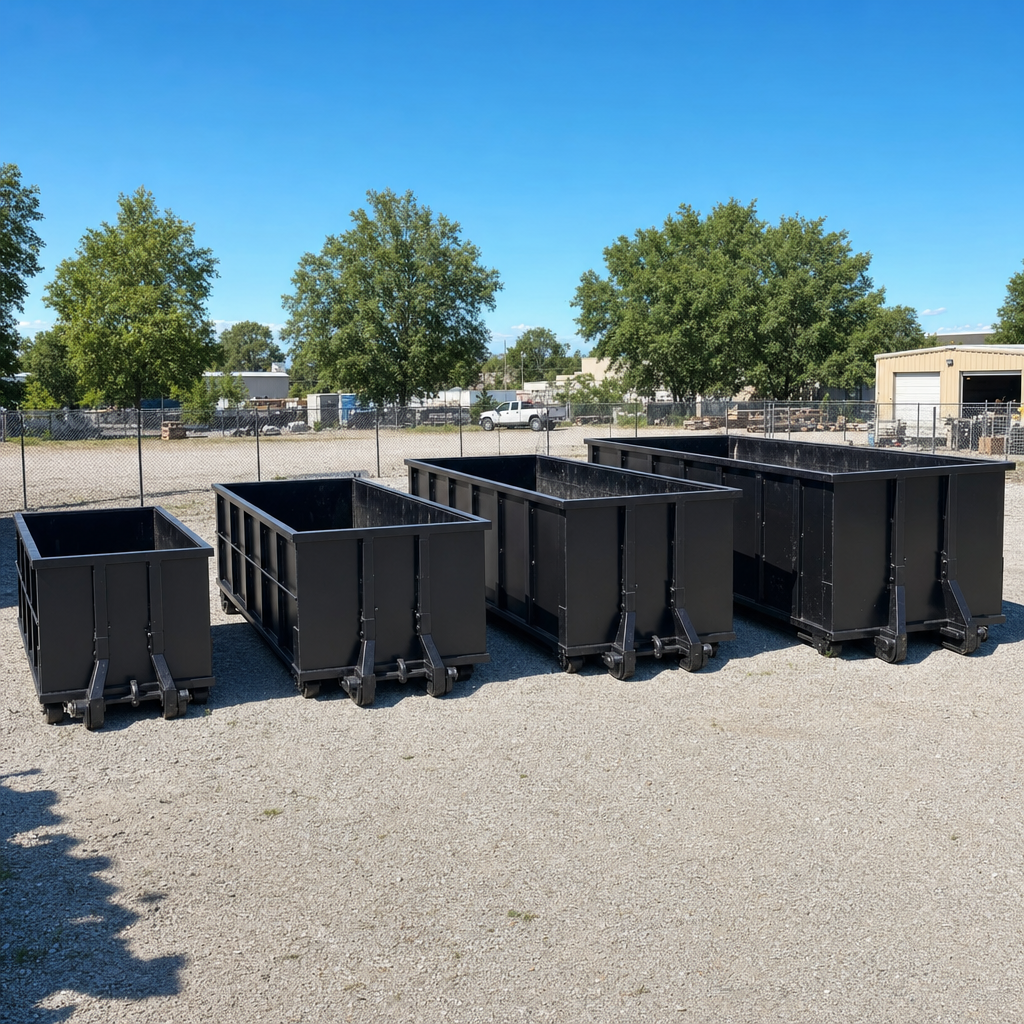 A clean lineup of matte-black roll-off dumpsters in 10, 20, 30, and 40-yard sizes staged on a sunlit gravel yard in Chanhassen, showing the size progression from compact to commercial-scale containers.