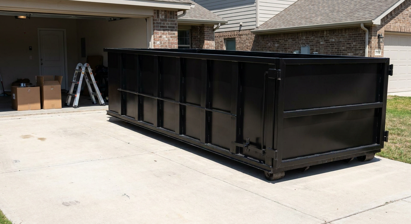 A matte-black 10-yard roll-off dumpster sitting directly on a residential Chanhassen concrete driveway, mid-day sunlight, clean and ready for a garage cleanout.