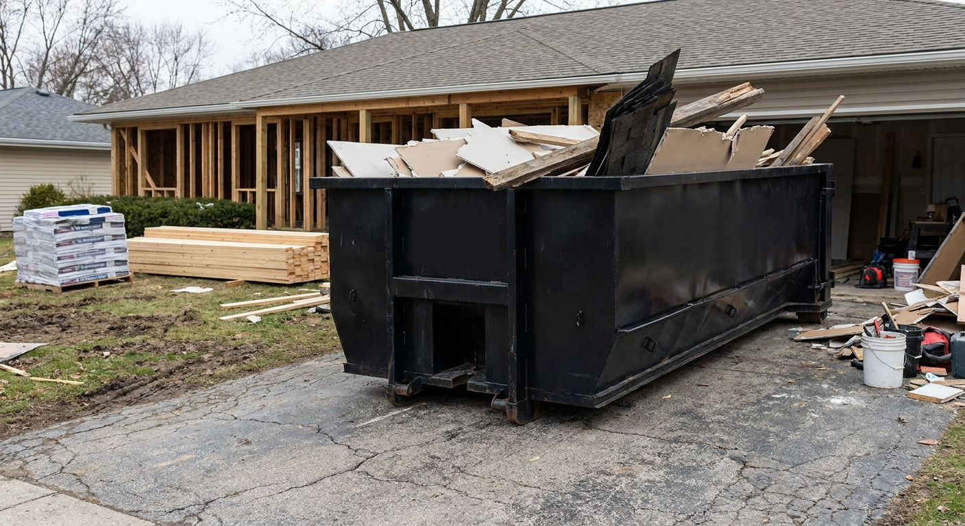 A matte-black 20-yard roll-off dumpster placed alongside a mid-renovation Chanhassen home directly on the asphalt driveway, with framing materials and torn-off shingles staged neatly nearby.