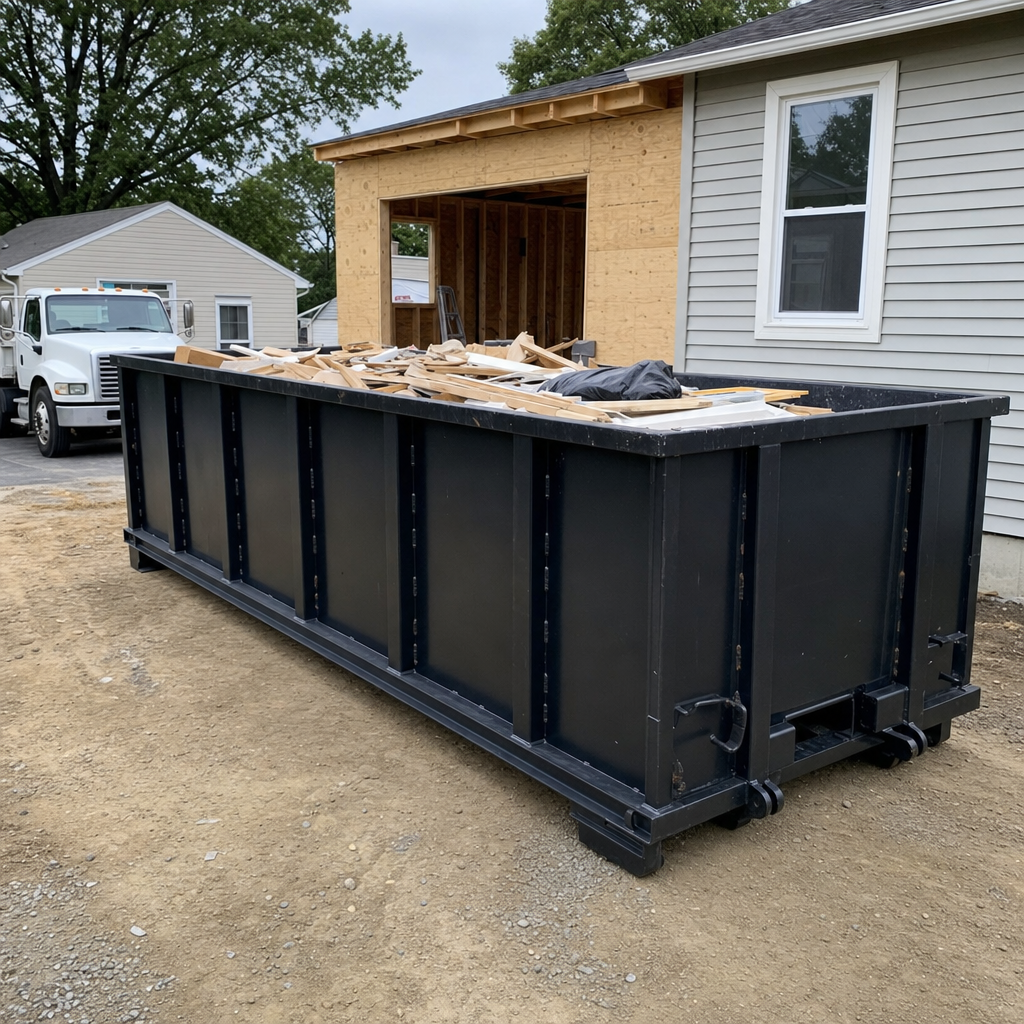 A matte-black 30-yard roll-off dumpster positioned at a Chanhassen residential addition jobsite, with framing lumber and drywall scraps loaded through the open swinging rear doors.