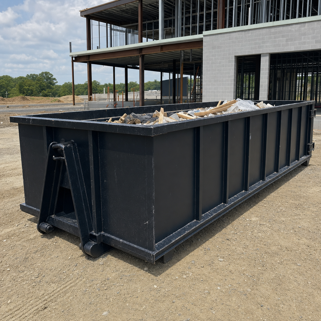A matte-black 40-yard roll-off dumpster staged on a large Chanhassen commercial construction lot, with a hooklift delivery truck parked alongside under bright midday sky.