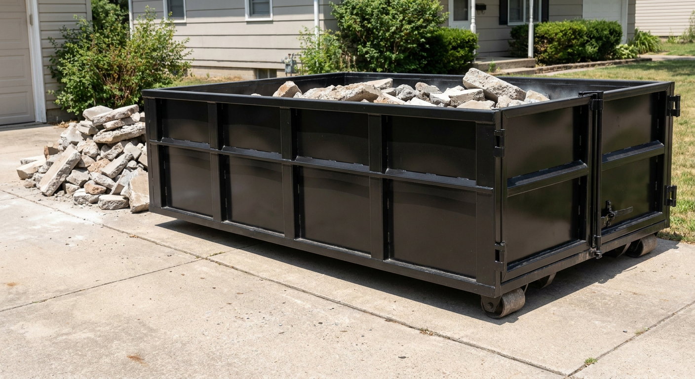 A matte-black low-side heavy-debris roll-off dumpster placed directly on a Chanhassen concrete driveway, with broken concrete chunks neatly stacked beside it under clean daylight.